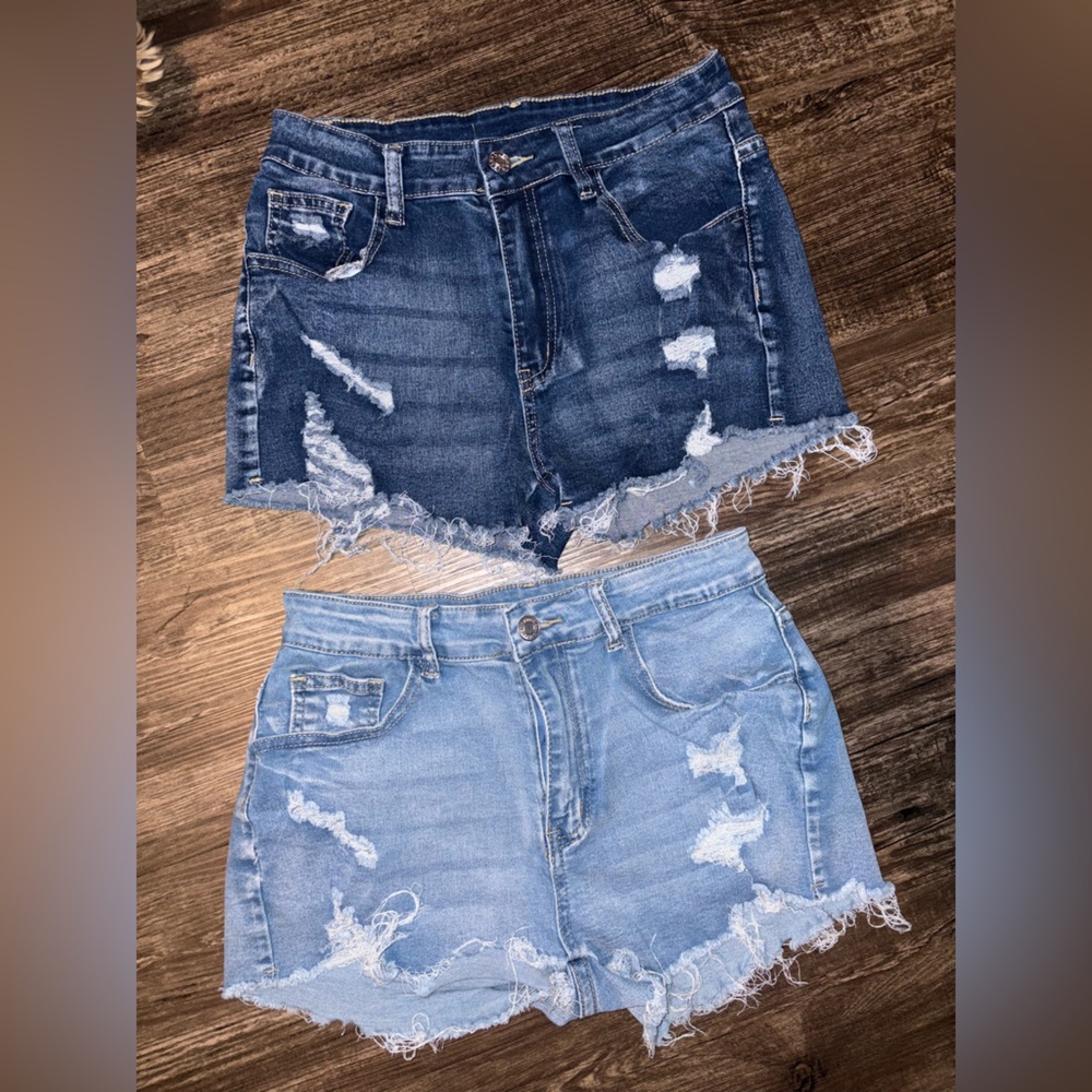 Distressed Denim Shorts - Light Blue and Dark Blue